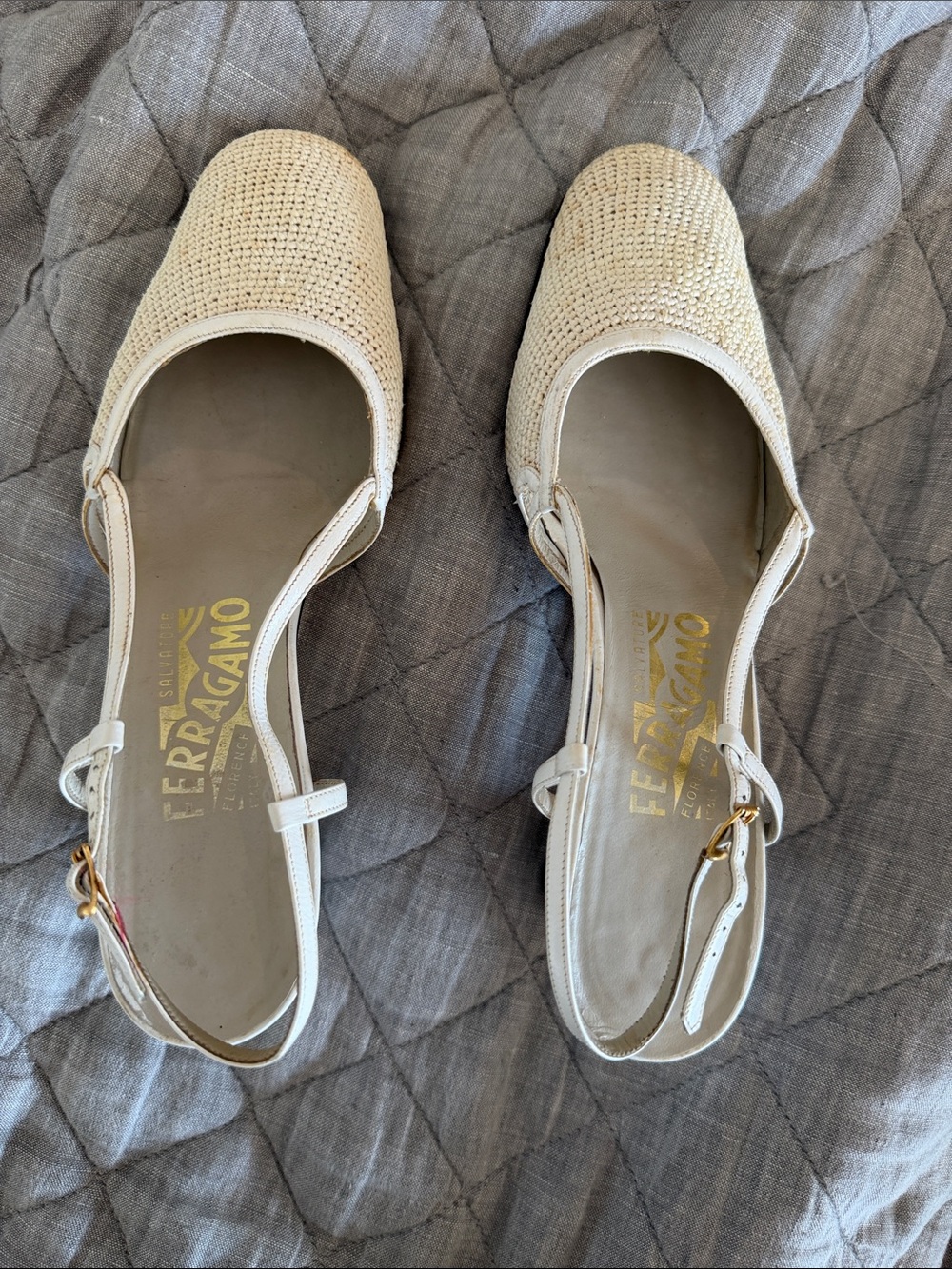 Salvatore Ferragamo Cream Woven Slingback Flats with Gold Buckle